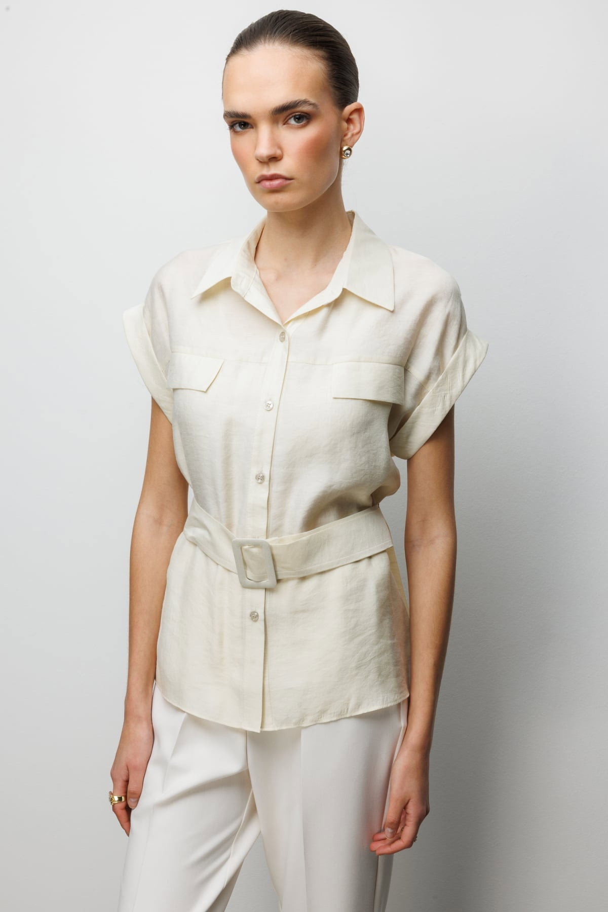 Ekol Kadın Beli Kemerli Kısa Kollu Bluz 2086 Krem - 2