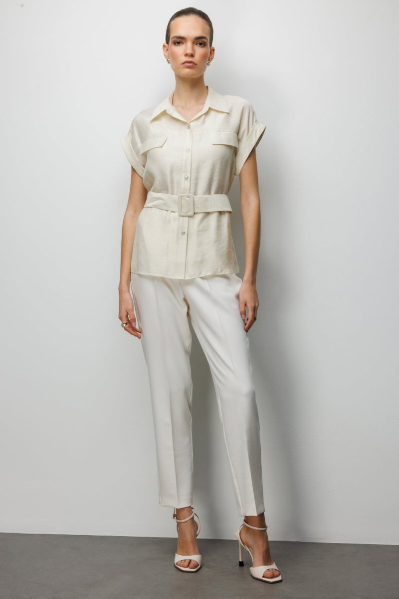 Ekol Kadın Beli Kemerli Kısa Kollu Bluz 2086 Krem - 3