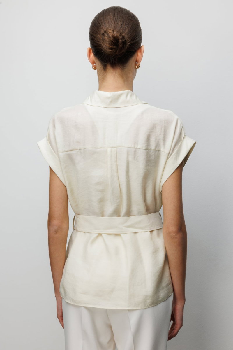 Ekol Kadın Beli Kemerli Kısa Kollu Bluz 2086 Krem - 4