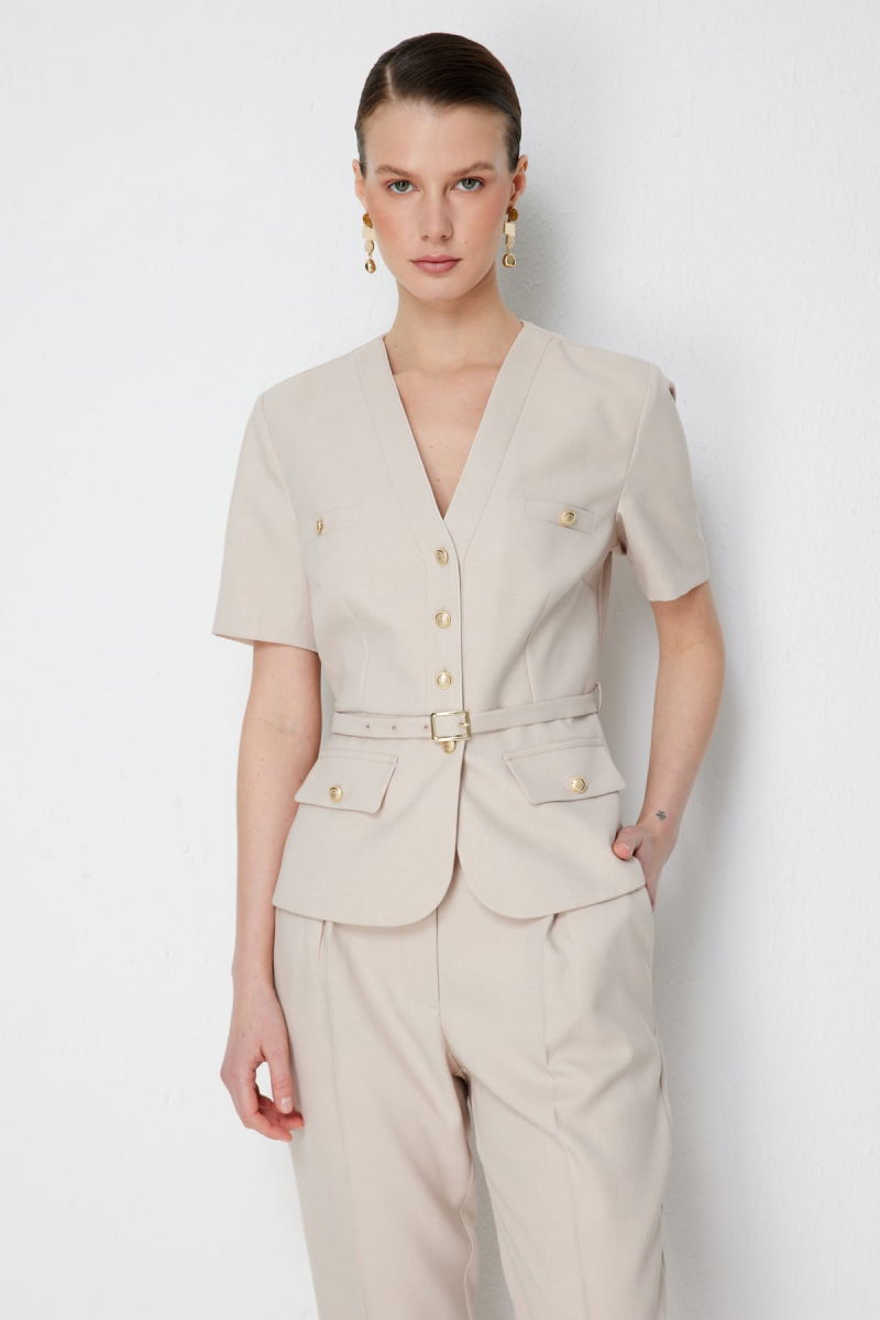 Ekol Kadın Beli Kemerli Kısa Kollu Ceket 1190 Kum - Ekol