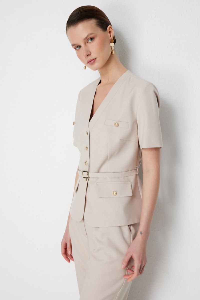 Ekol Kadın Beli Kemerli Kısa Kollu Ceket 1190 Kum - 2