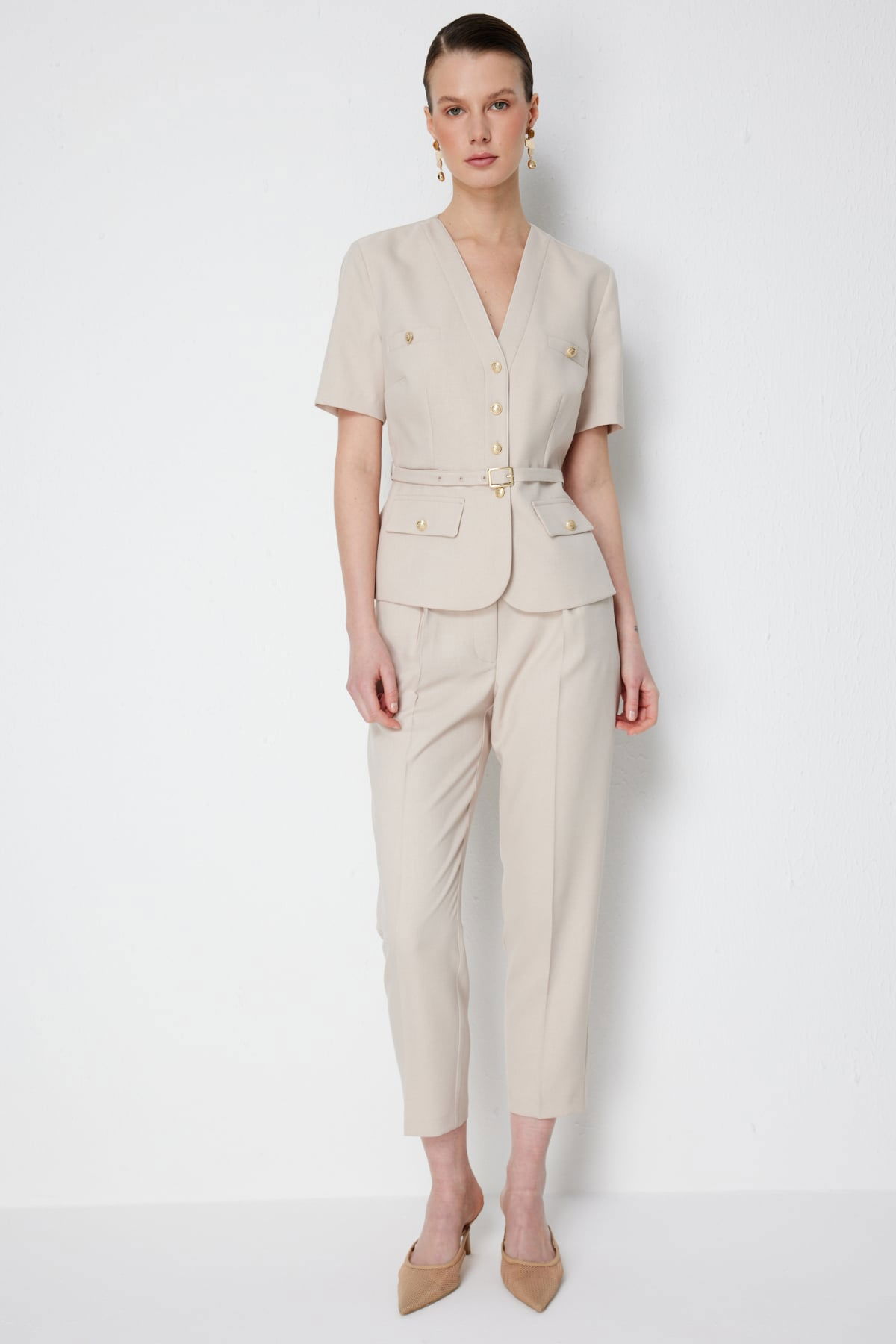 Ekol Kadın Beli Kemerli Kısa Kollu Ceket 1190 Kum - 3