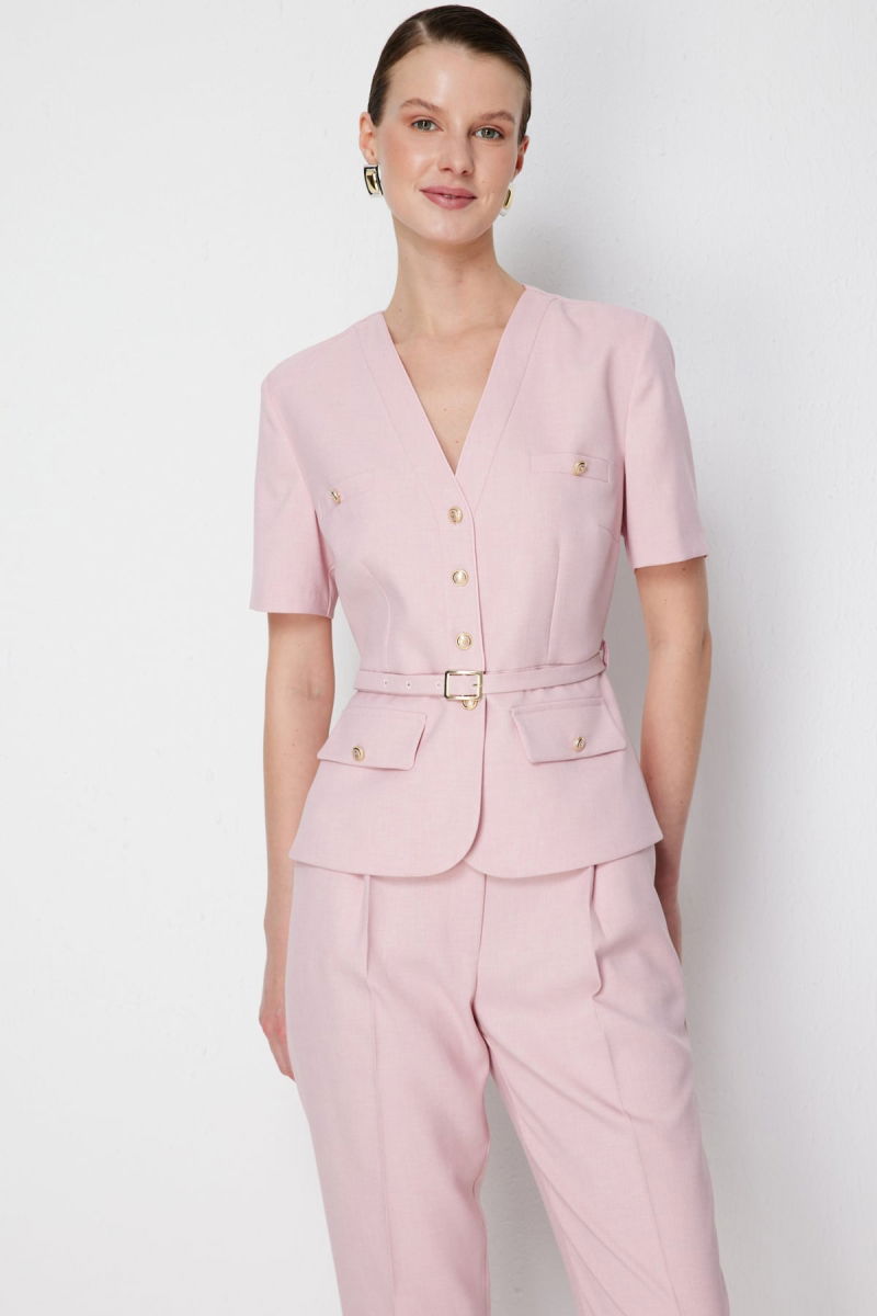 Ekol Kadın Beli Kemerli Kısa Kollu Ceket 1190 Pudra - Ekol