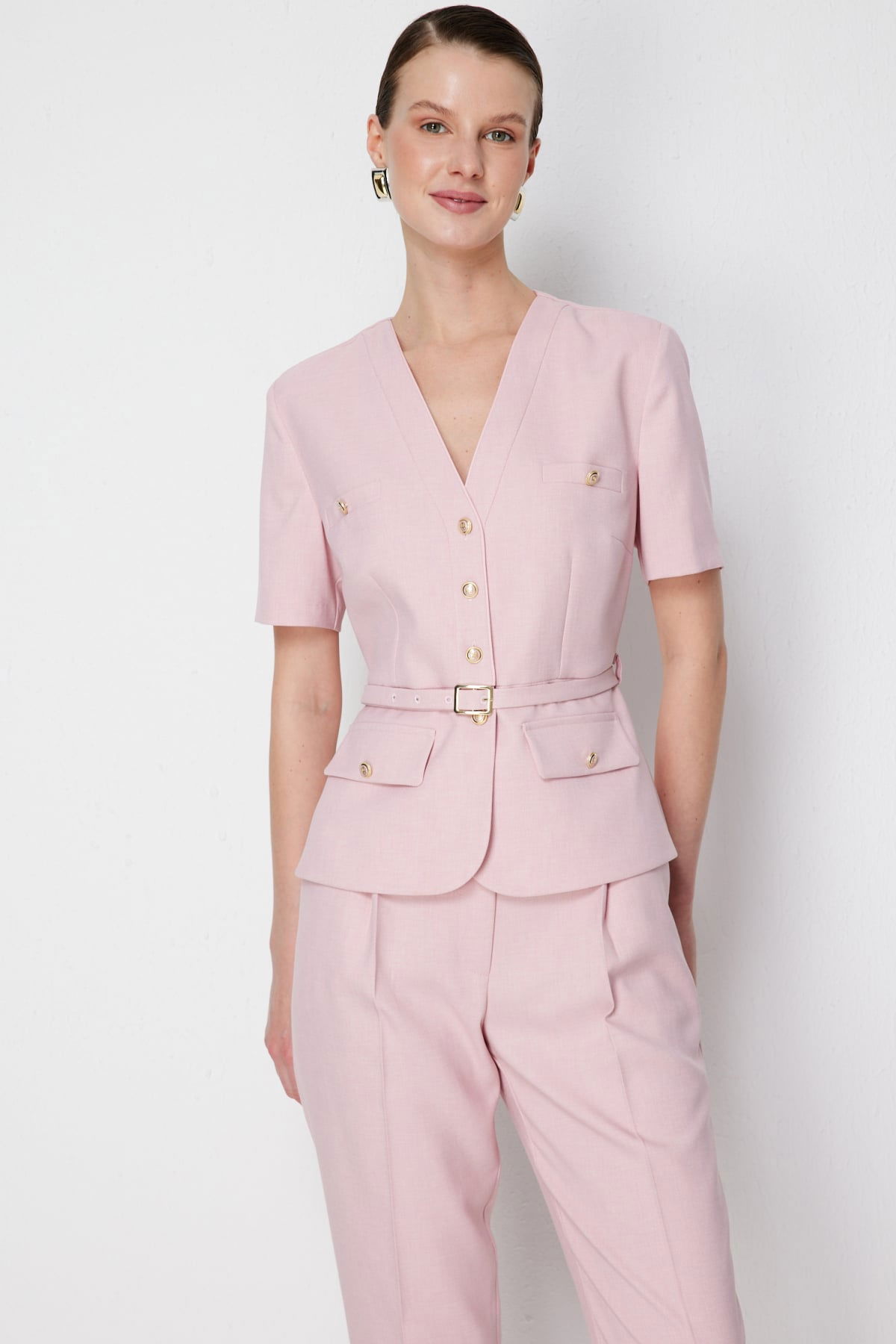 Ekol Kadın Beli Kemerli Kısa Kollu Ceket 1190 Pudra - 1