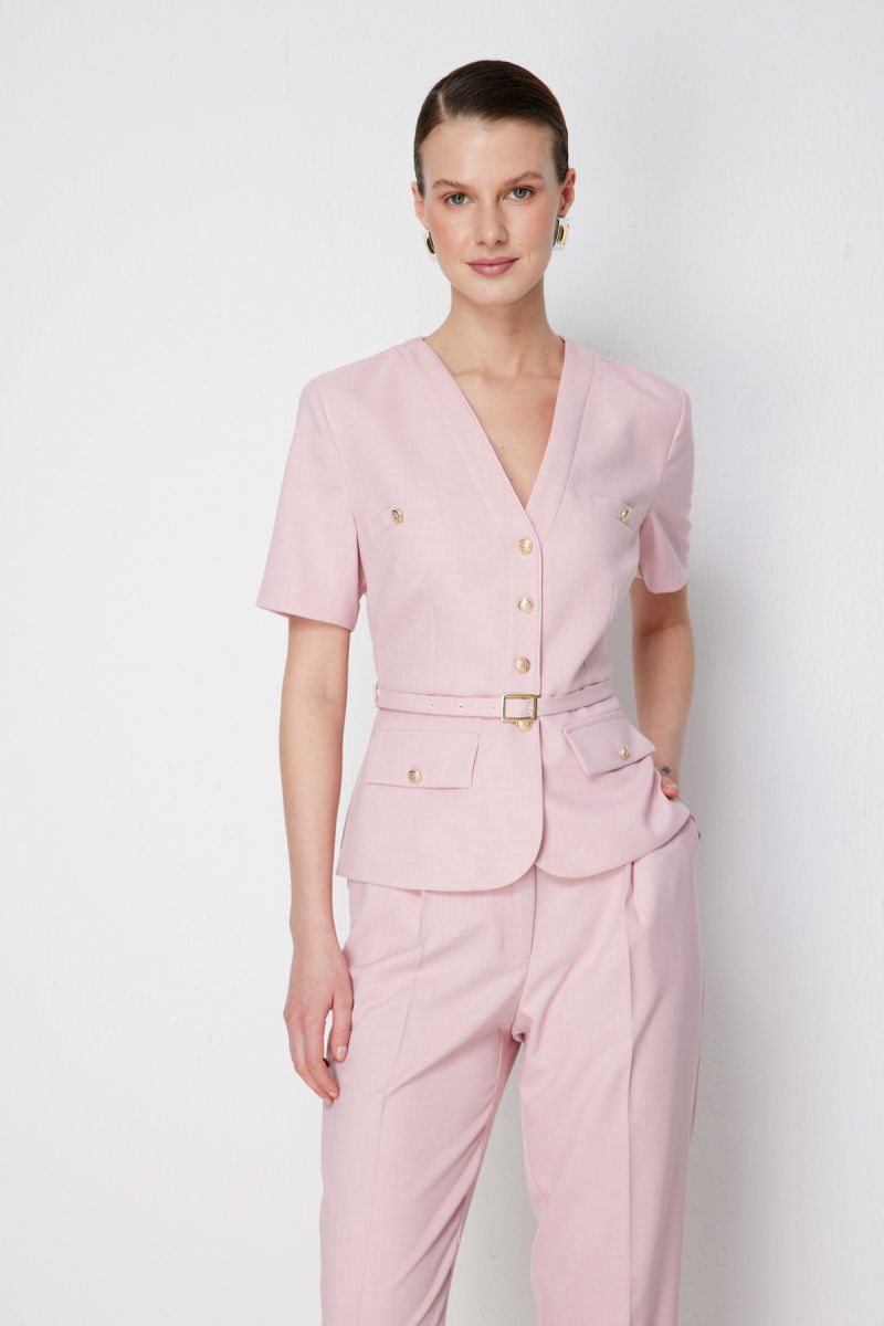 Ekol Kadın Beli Kemerli Kısa Kollu Ceket 1190 Pudra - 2