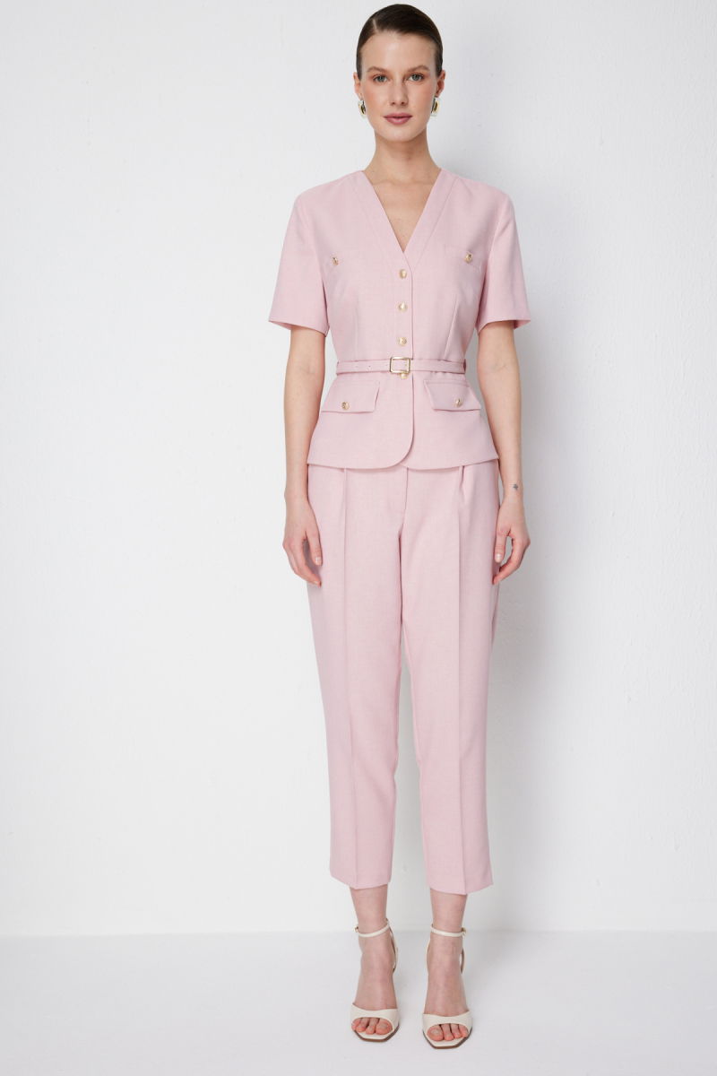 Ekol Kadın Beli Kemerli Kısa Kollu Ceket 1190 Pudra - 3