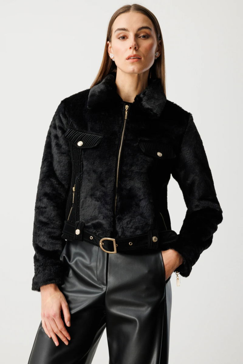 Ekol Kadın Beli Kemerli Mix Kumaş Mont 6605 Siyah - Ekol