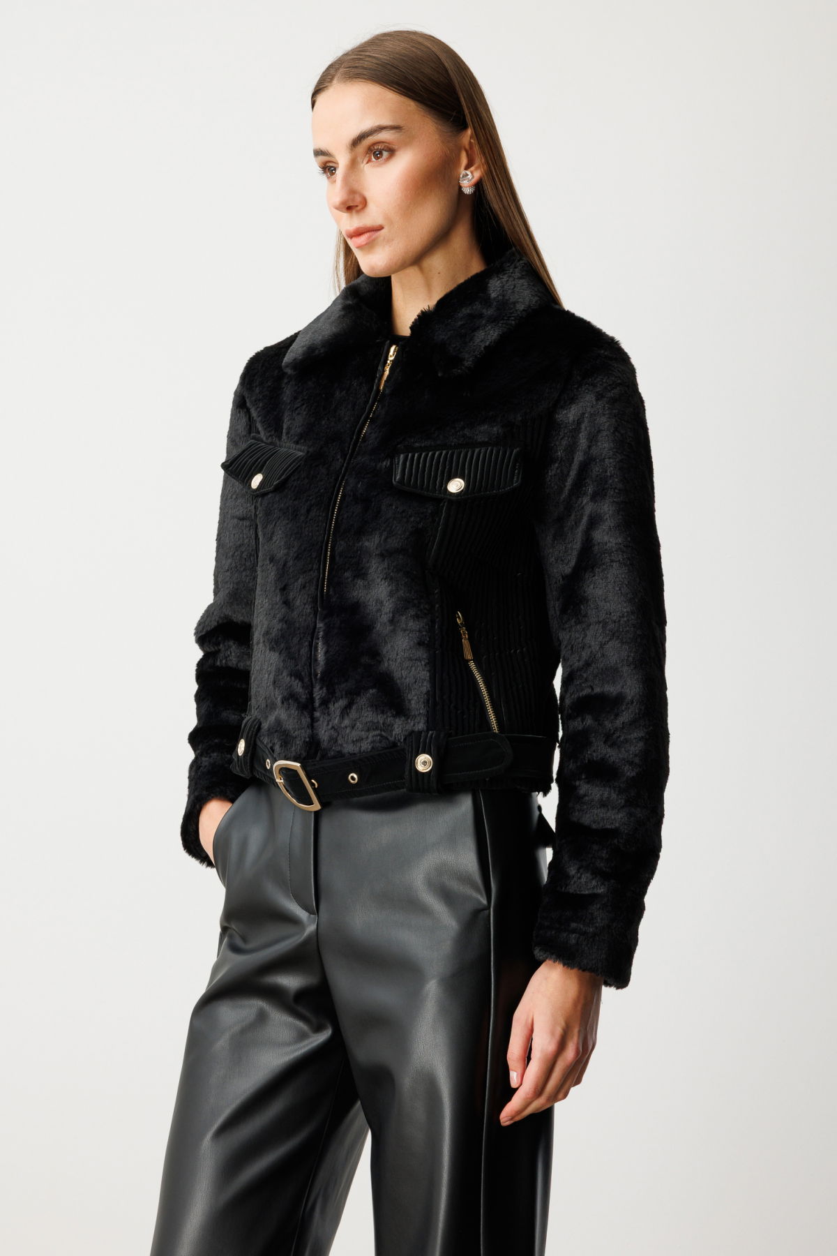 Ekol Kadın Beli Kemerli Mix Kumaş Mont 6605 Siyah - 2