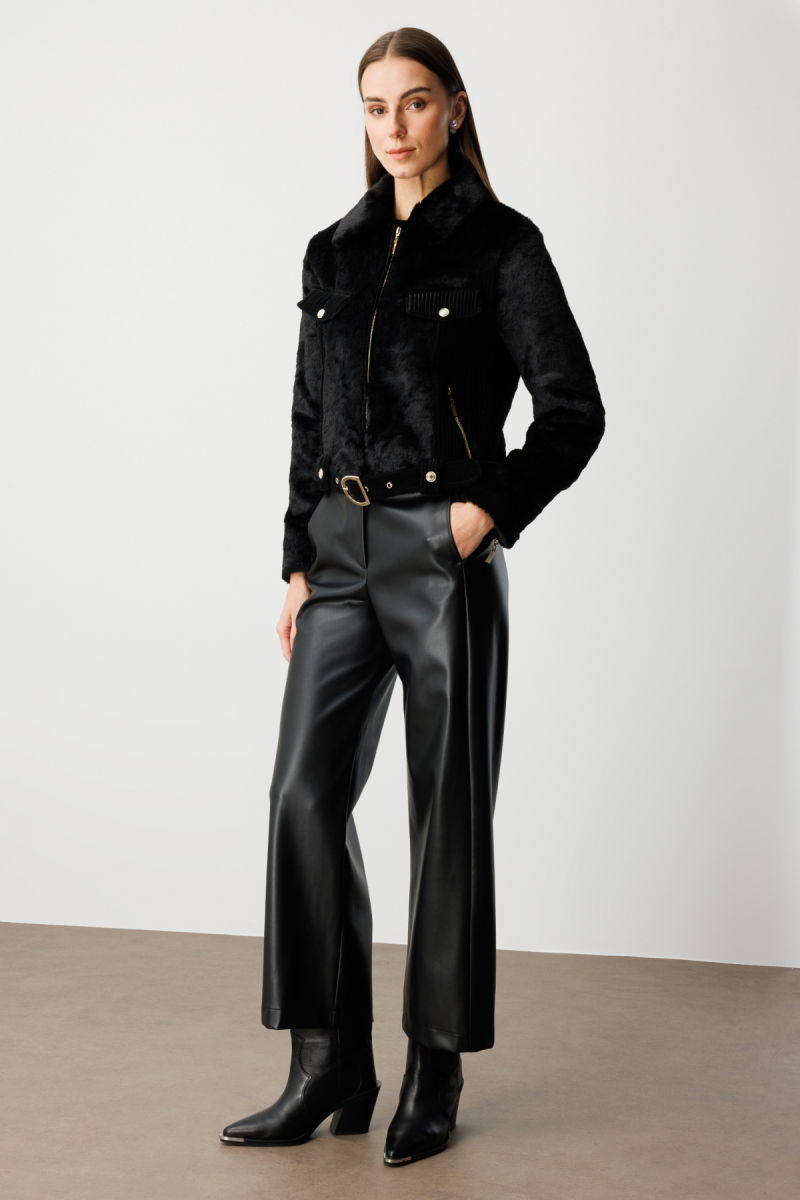 Ekol Kadın Beli Kemerli Mix Kumaş Mont 6605 Siyah - 3