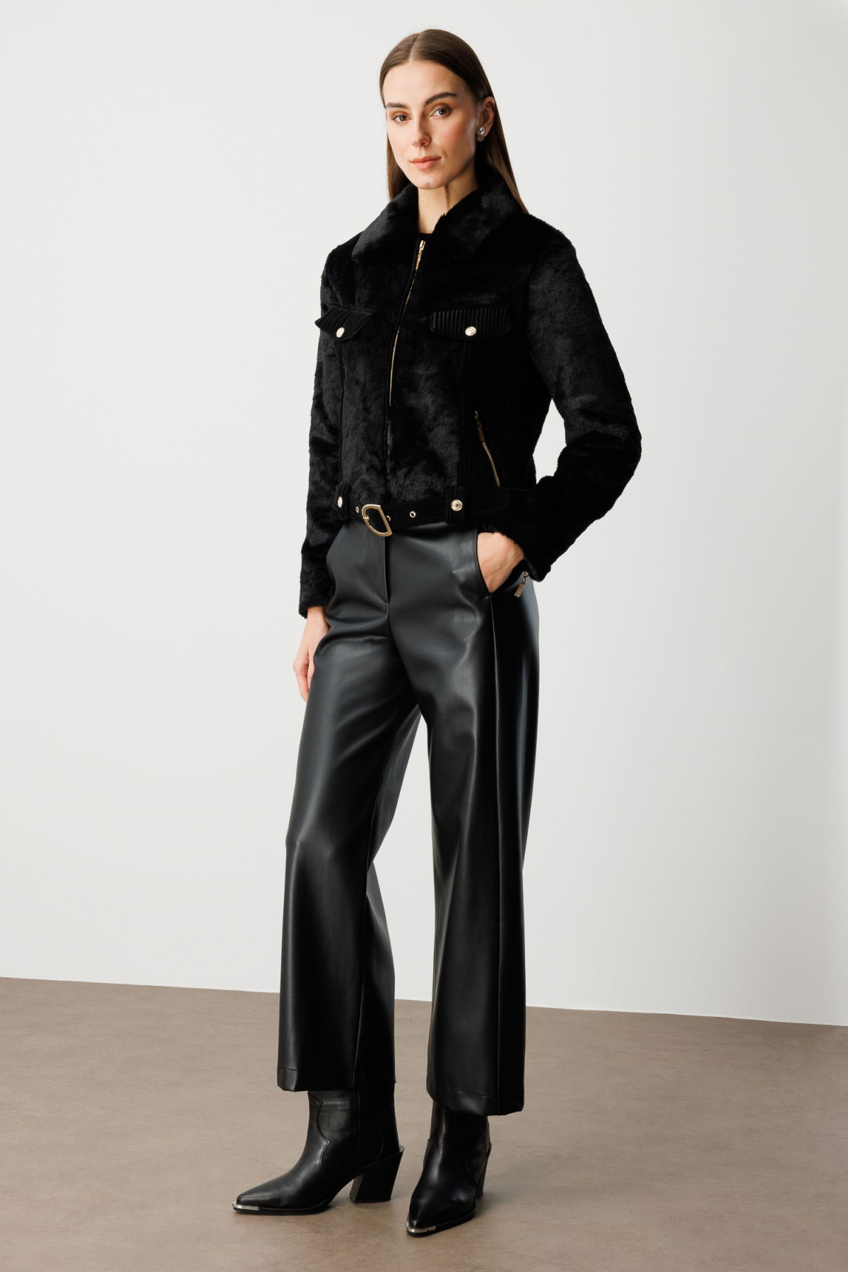 Ekol Kadın Beli Kemerli Mix Kumaş Mont 6605 Siyah - 3