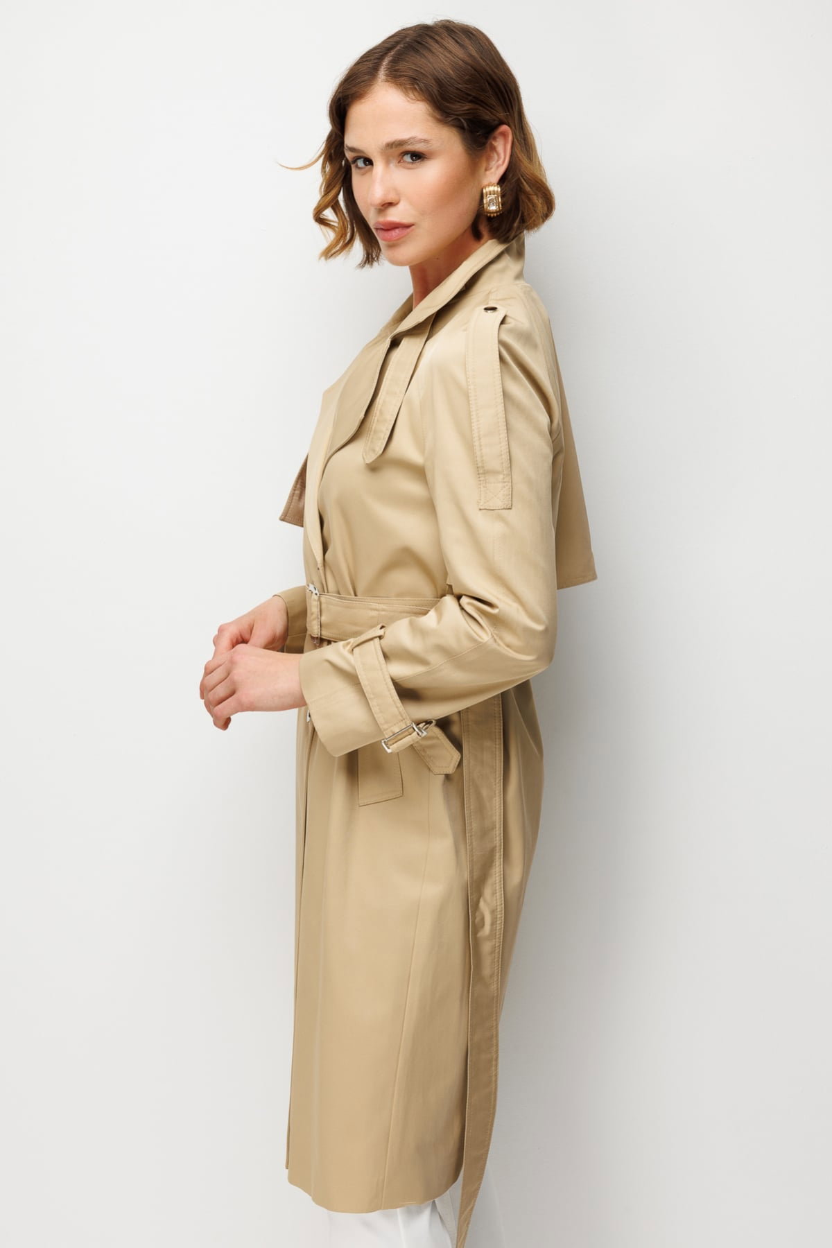 Ekol Kadın Beli Kemerli Omzu Apoletli Trençkot 7004 Camel - 4