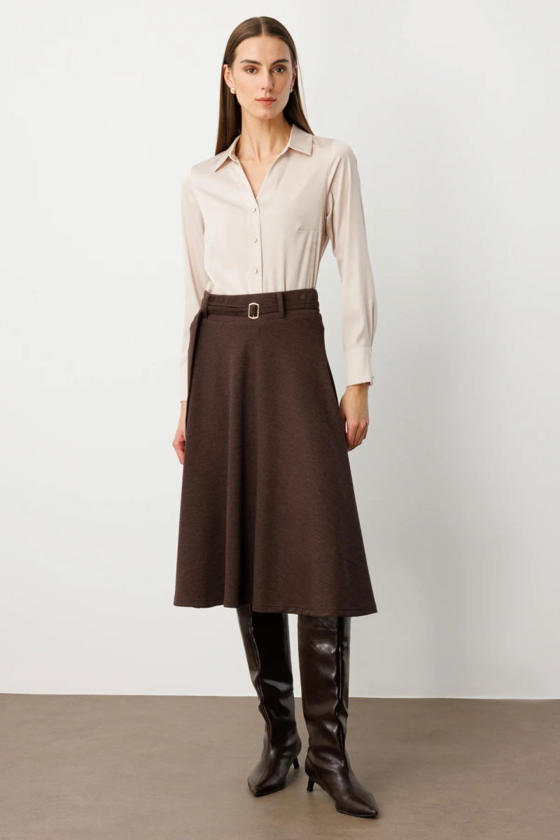 Ekol Kadın Beli Kemerli Volanlı Midi Etek 2037 Kakao - 2