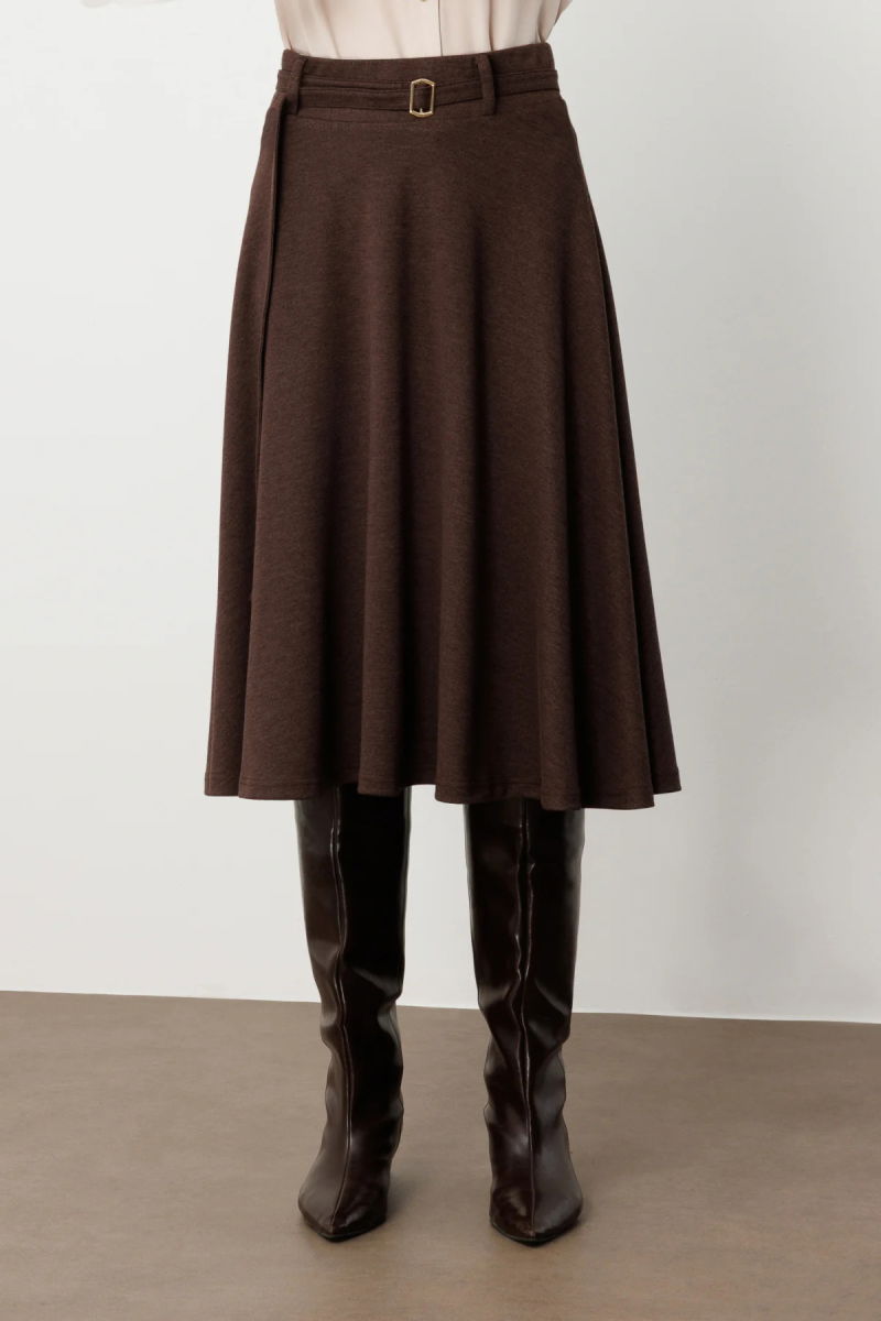 Ekol Kadın Beli Kemerli Volanlı Midi Etek 2037 Kakao - 3