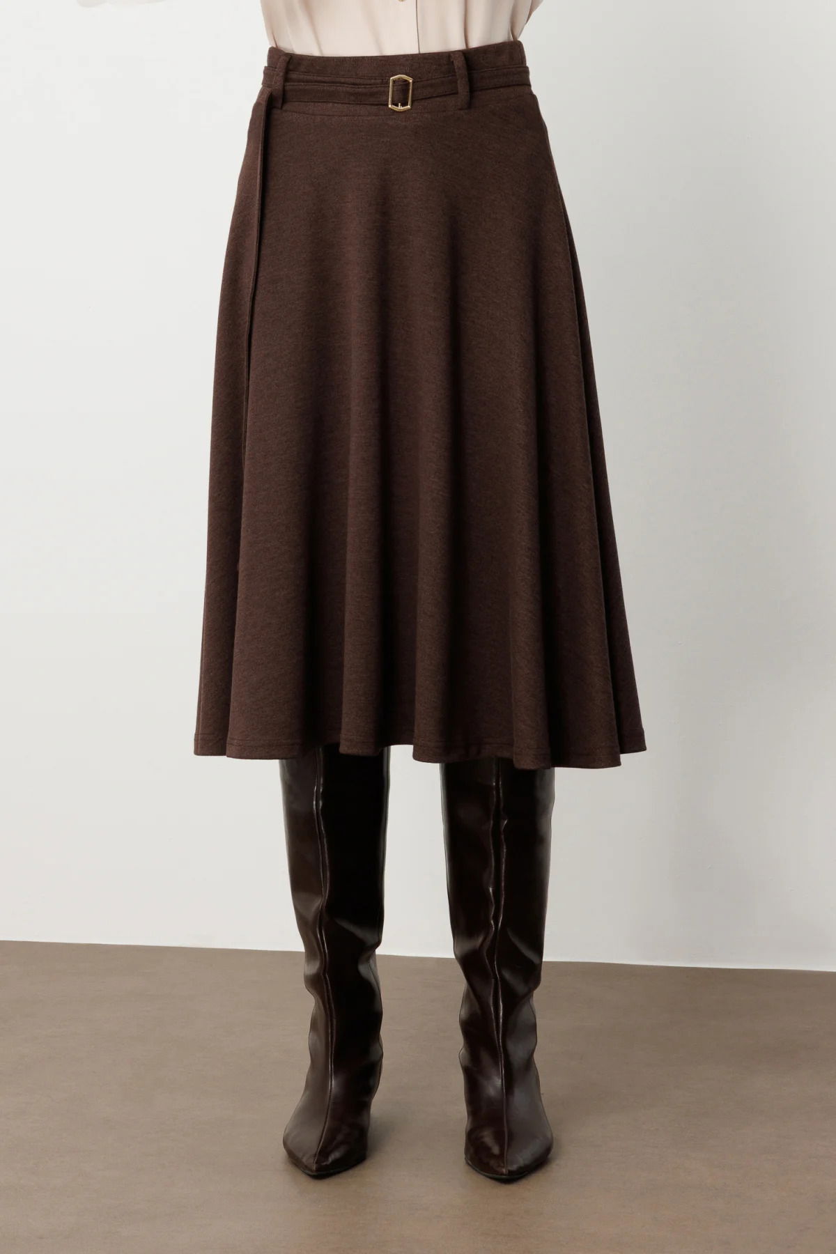 Ekol Kadın Beli Kemerli Volanlı Midi Etek 2037 Kakao - 3