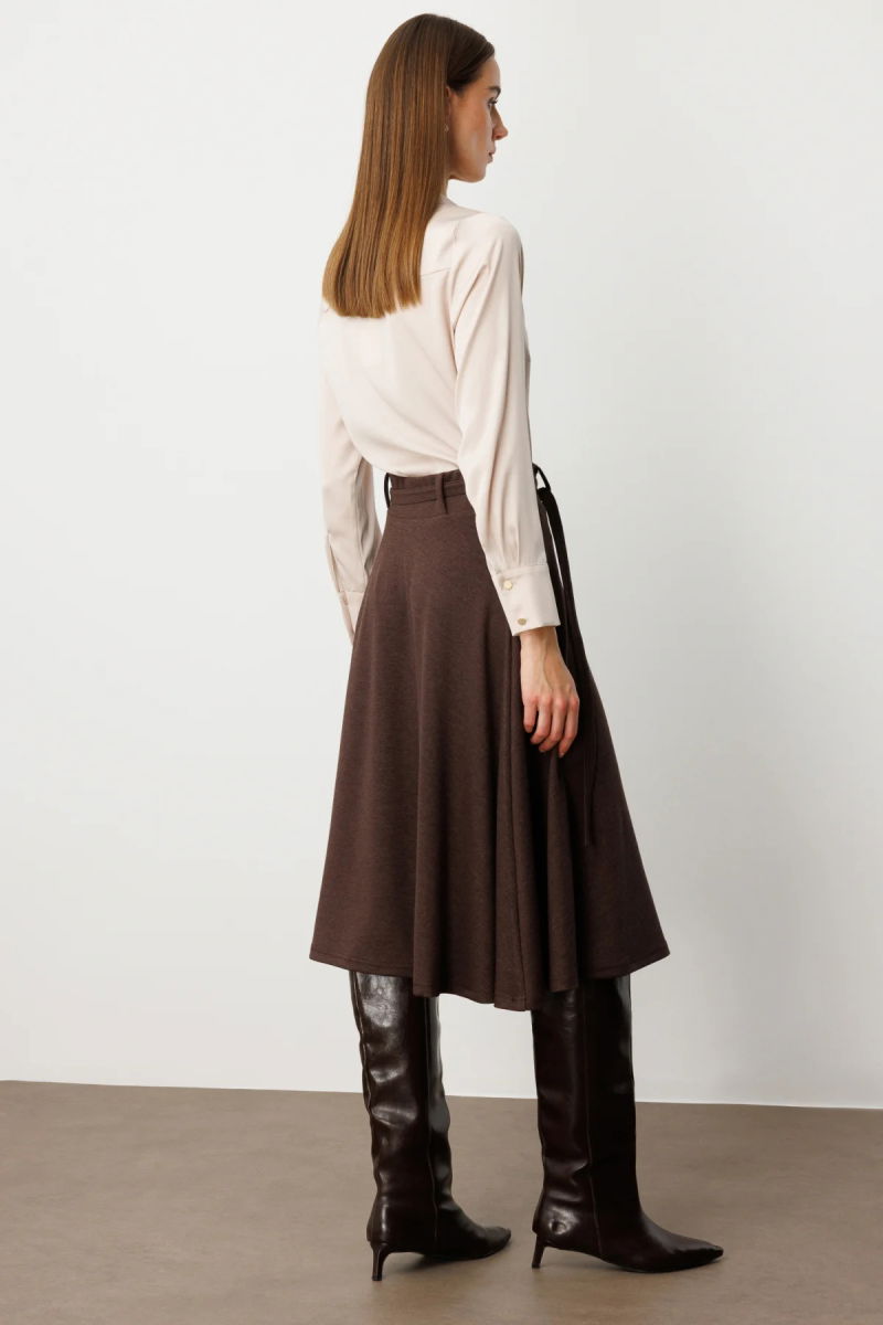 Ekol Kadın Beli Kemerli Volanlı Midi Etek 2037 Kakao - 4