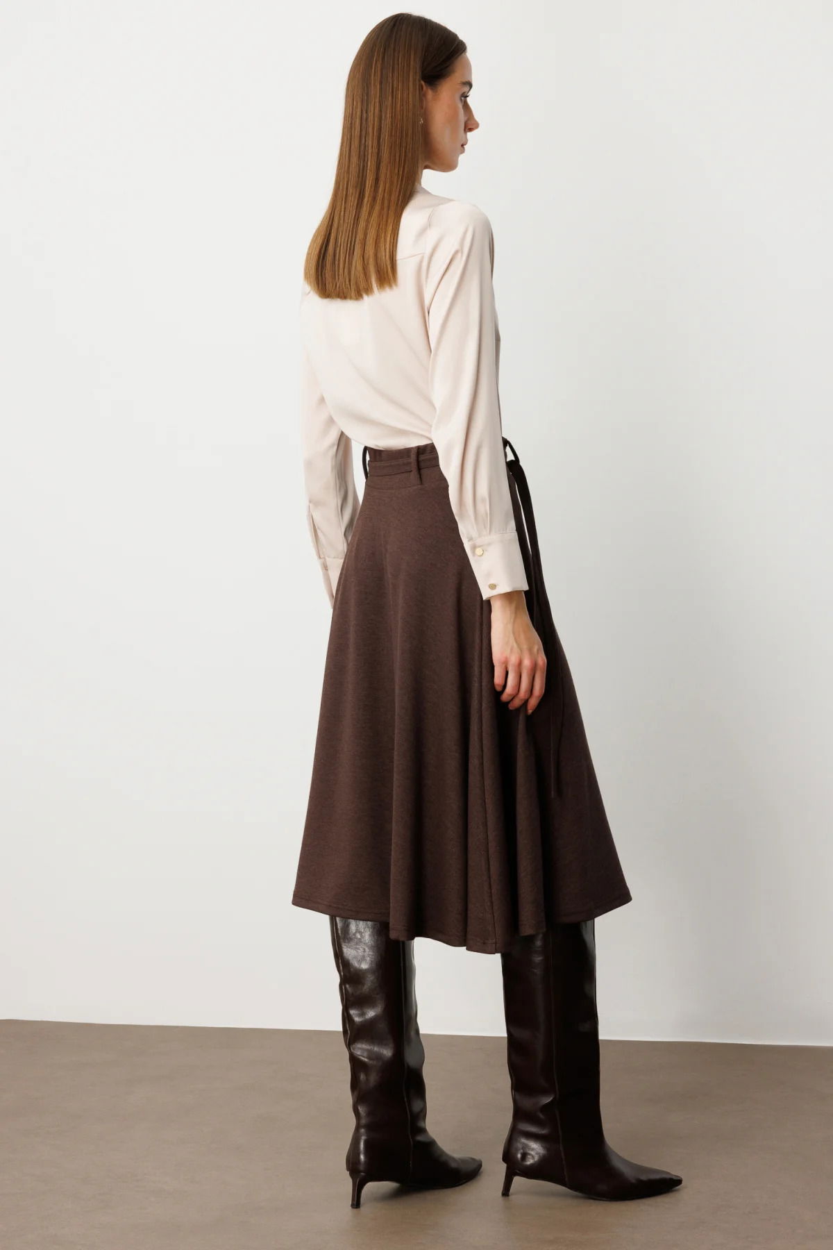 Ekol Kadın Beli Kemerli Volanlı Midi Etek 2037 Kakao - 4