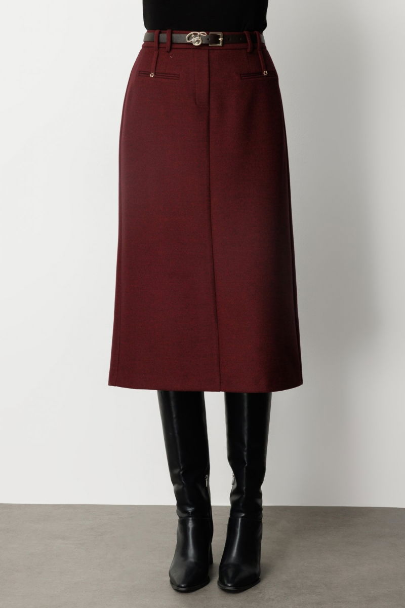 Ekol Kadın Beli Kemerli Yırtmaçlı Midi Etek 2009 Bordo - 2