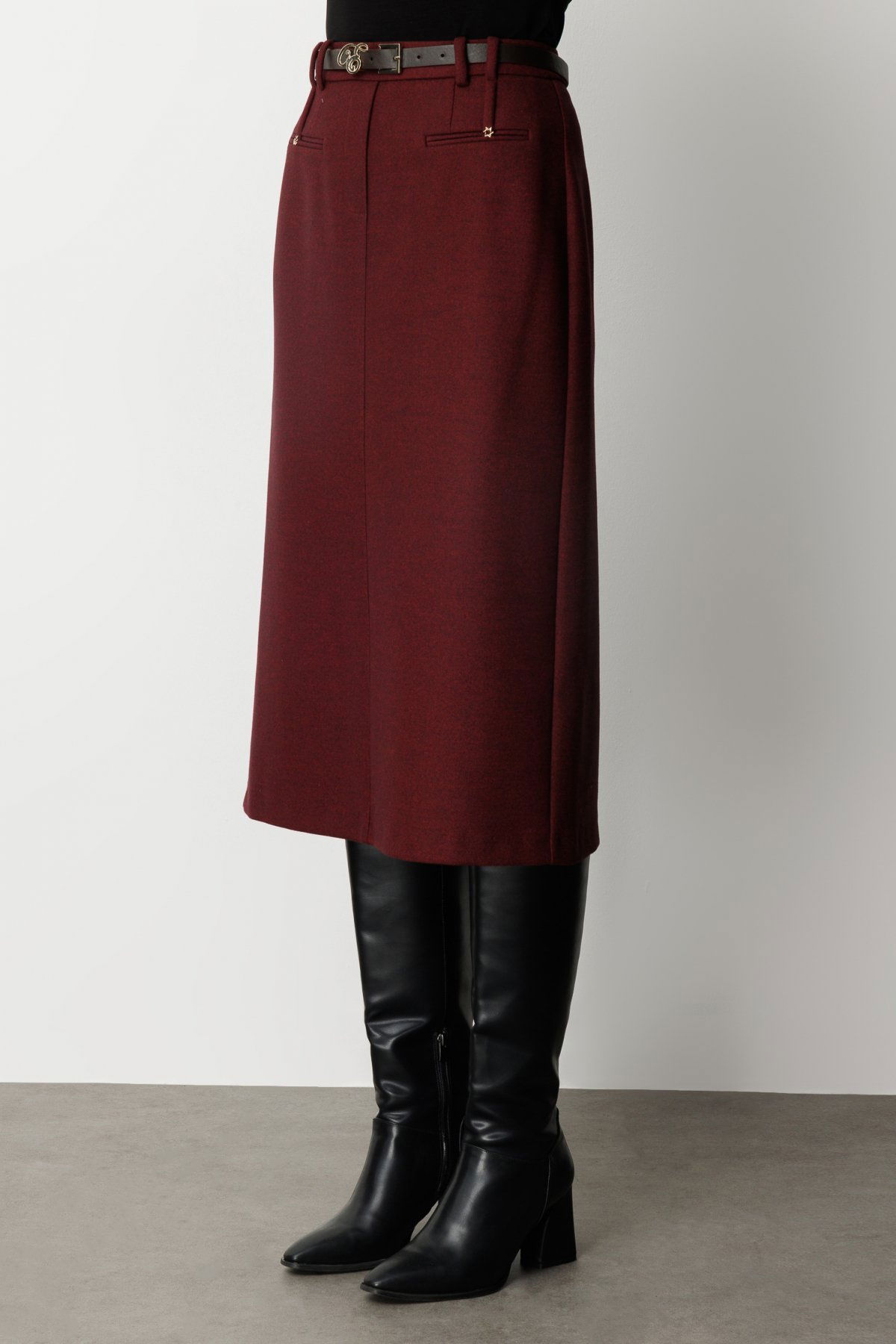 Ekol Kadın Beli Kemerli Yırtmaçlı Midi Etek 2009 Bordo - 3