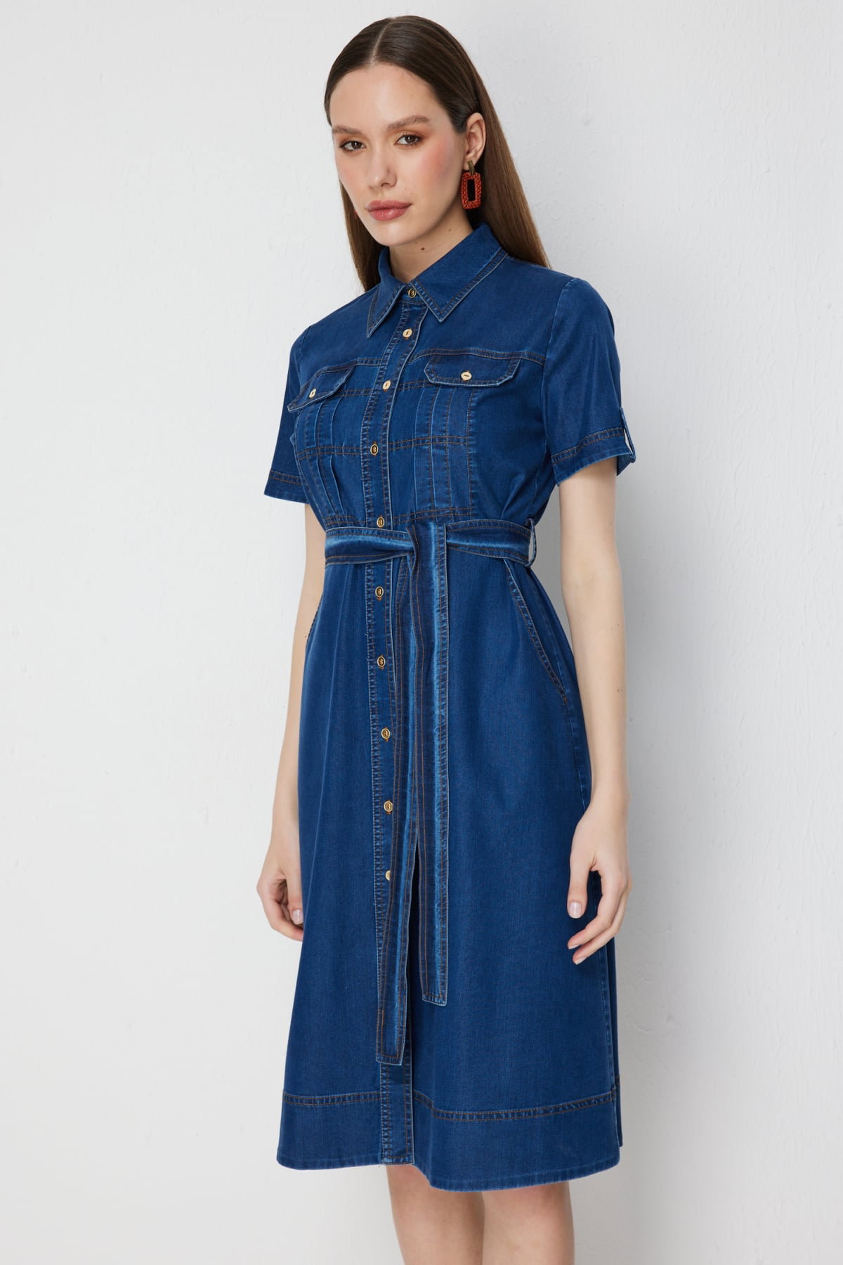 Ekol Kadın Beli Kuşaklı Denim Görünümlü Midi Elbise 6040 Indigo - 3