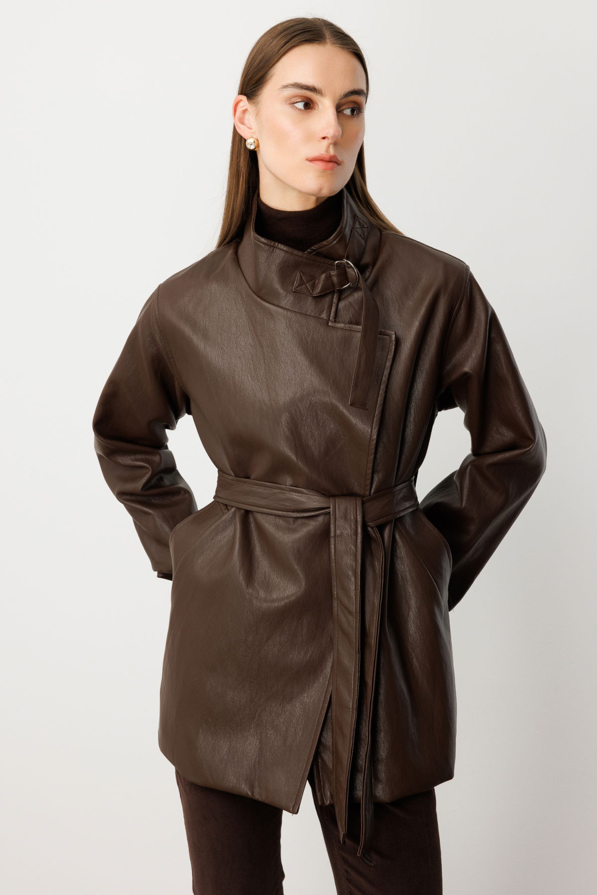 Ekol Kadın Beli Kuşaklı Deri Trenç 7903 Kahverengi - 2