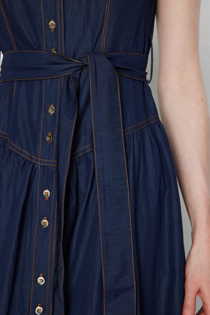 Ekol Kadın Beli Kuşaklı Dikiş Detaylı Maxi Elbise 6116 Indigo - 4
