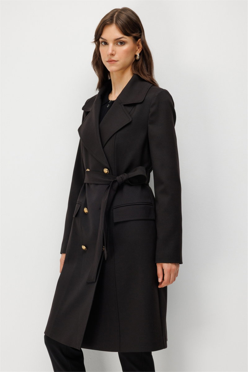 Ekol Kadın Beli Kuşaklı Kapak Cepli Trençkot Siyah - 3