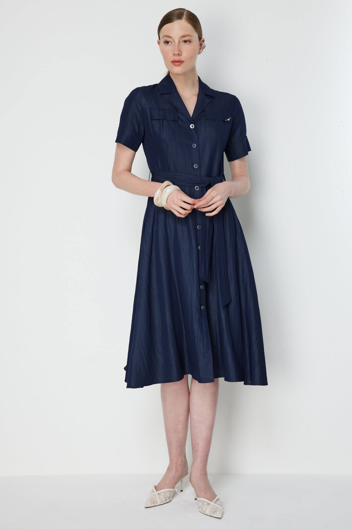 Ekol Kadın Beli Kuşaklı Kısa Kollu Midi Elbise 6164 Indigo - 2