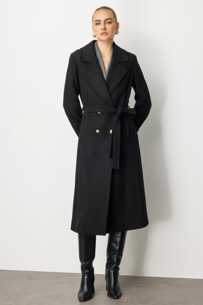 Ekol Kadın Beli Kuşaklı Kolları Apoletli Kaban 6061 Siyah - 2