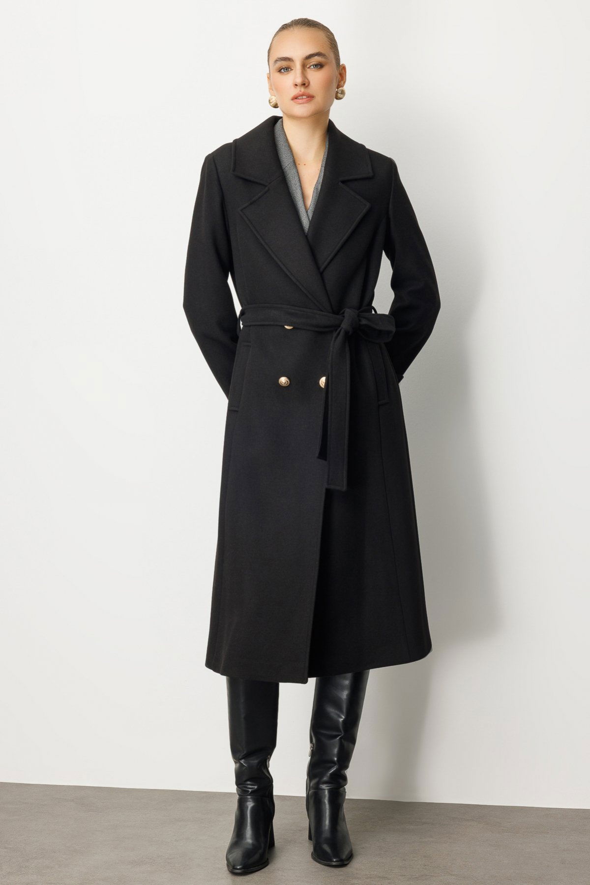 Ekol Kadın Beli Kuşaklı Kolları Apoletli Kaban 6061 Siyah - 2