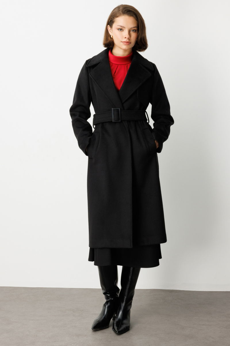 Ekol Kadın Beli Kuşaklı Kruvaze Kaşe Kaban 6053 Siyah - 2