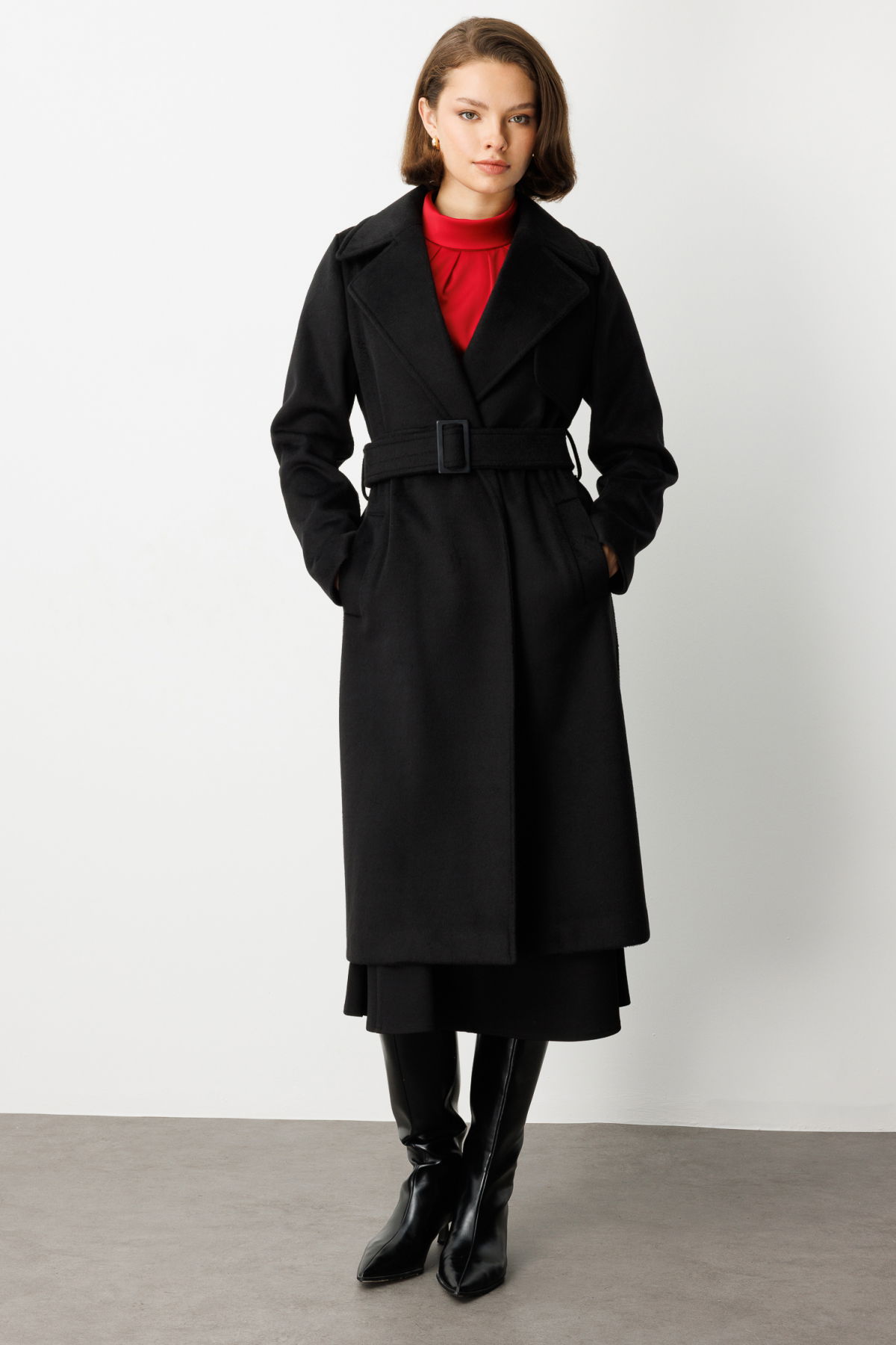 Ekol Kadın Beli Kuşaklı Kruvaze Kaşe Kaban 6053 Siyah - 2