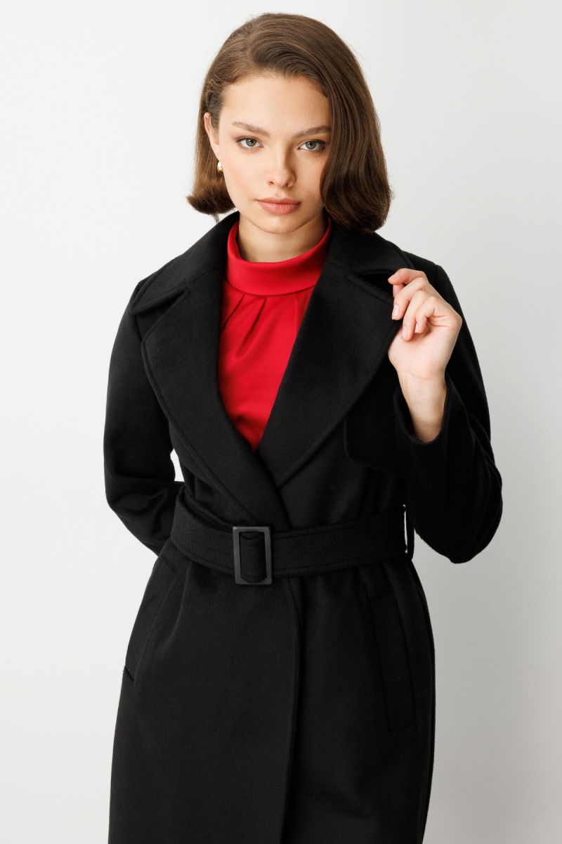 Ekol Kadın Beli Kuşaklı Kruvaze Kaşe Kaban 6053 Siyah - 3