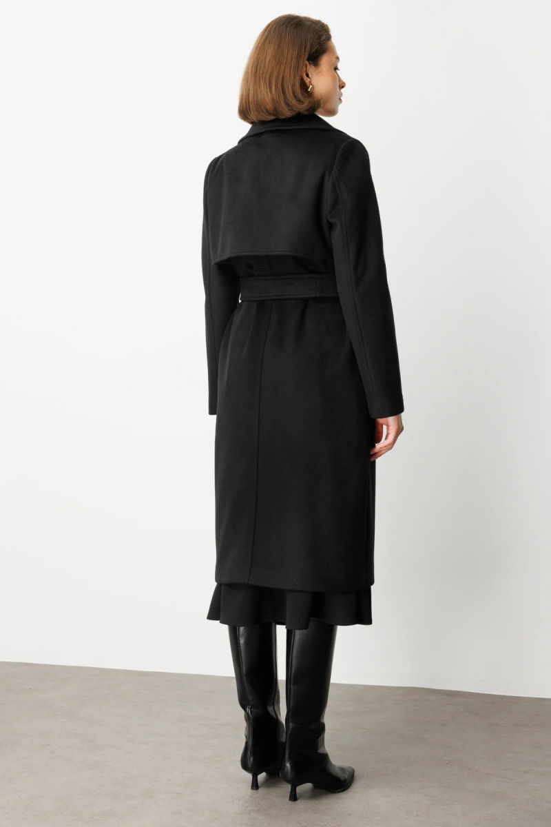 Ekol Kadın Beli Kuşaklı Kruvaze Kaşe Kaban 6053 Siyah - 4