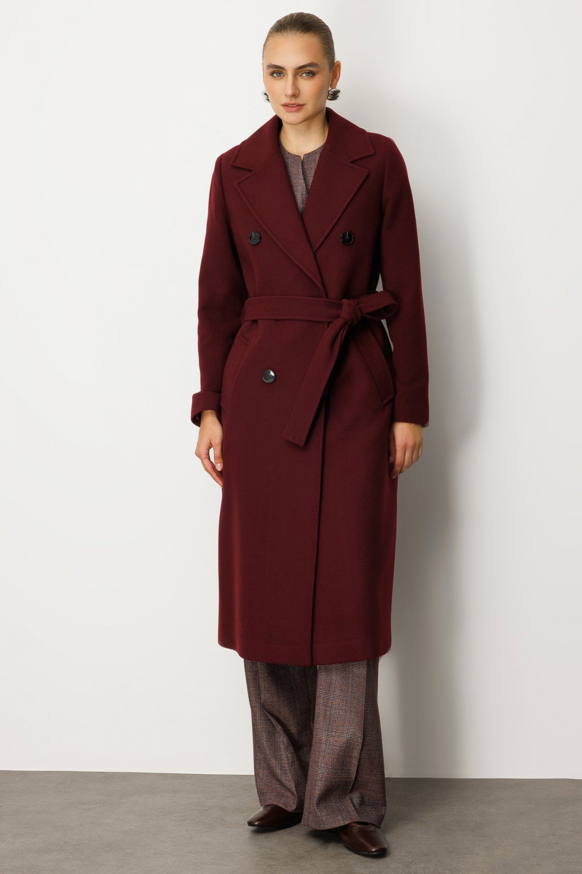 Ekol Kadın Beli Kuşaklı Kruvaze Yaka Kaban 6063 Bordo - 1