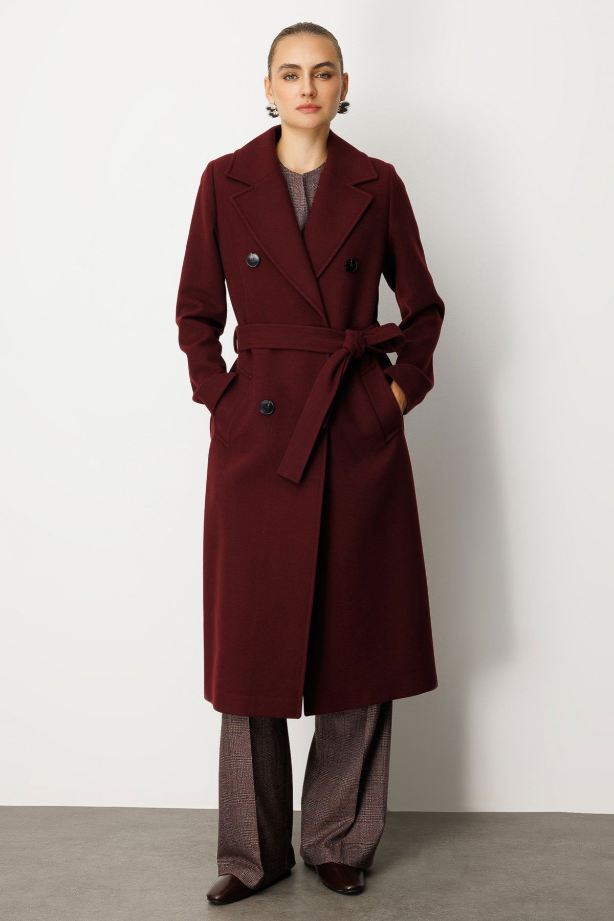 Ekol Kadın Beli Kuşaklı Kruvaze Yaka Kaban 6063 Bordo - 2