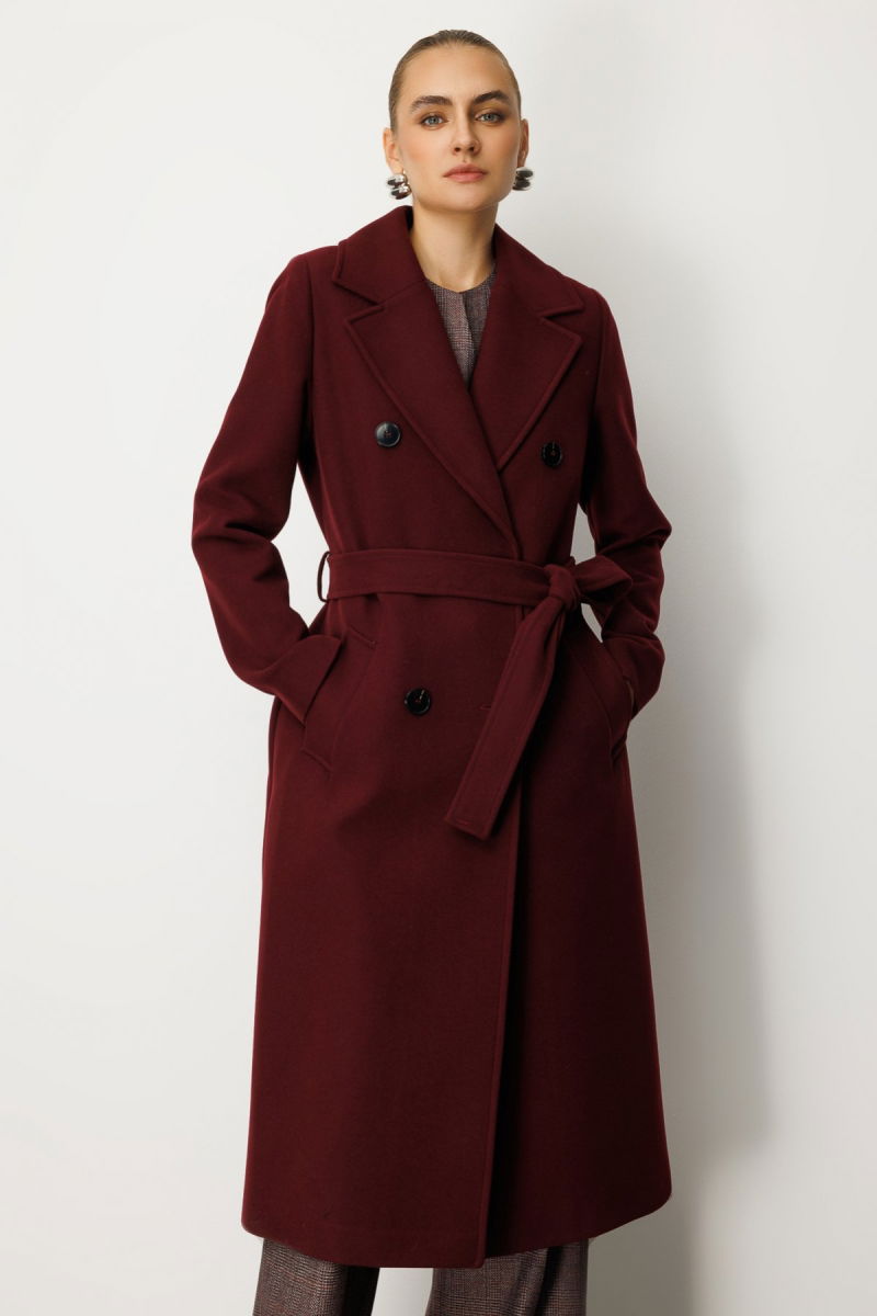 Ekol Kadın Beli Kuşaklı Kruvaze Yaka Kaban 6063 Bordo - 3