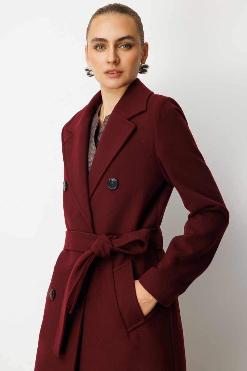 Ekol Kadın Beli Kuşaklı Kruvaze Yaka Kaban 6063 Bordo - 4