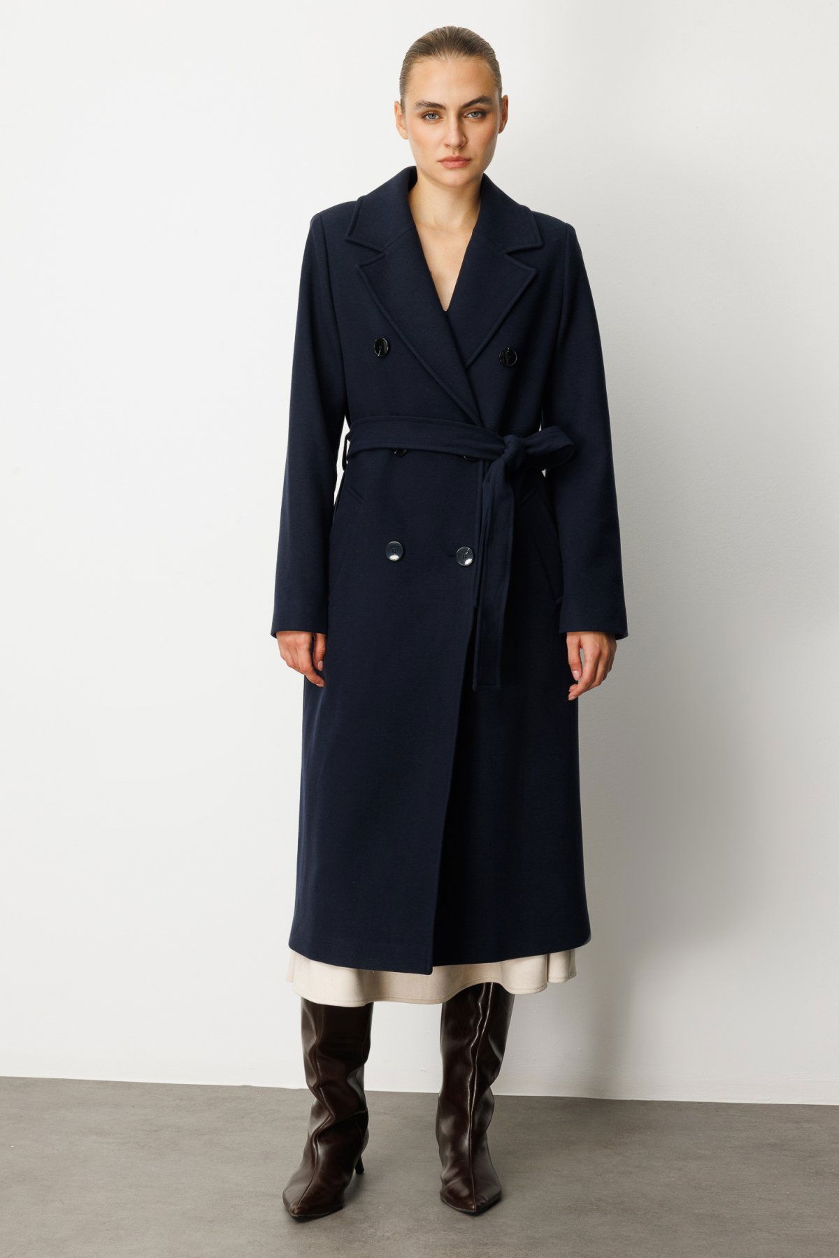 Ekol Kadın Beli Kuşaklı Kruvaze Yaka Kaban 6063 Lacivert - 1