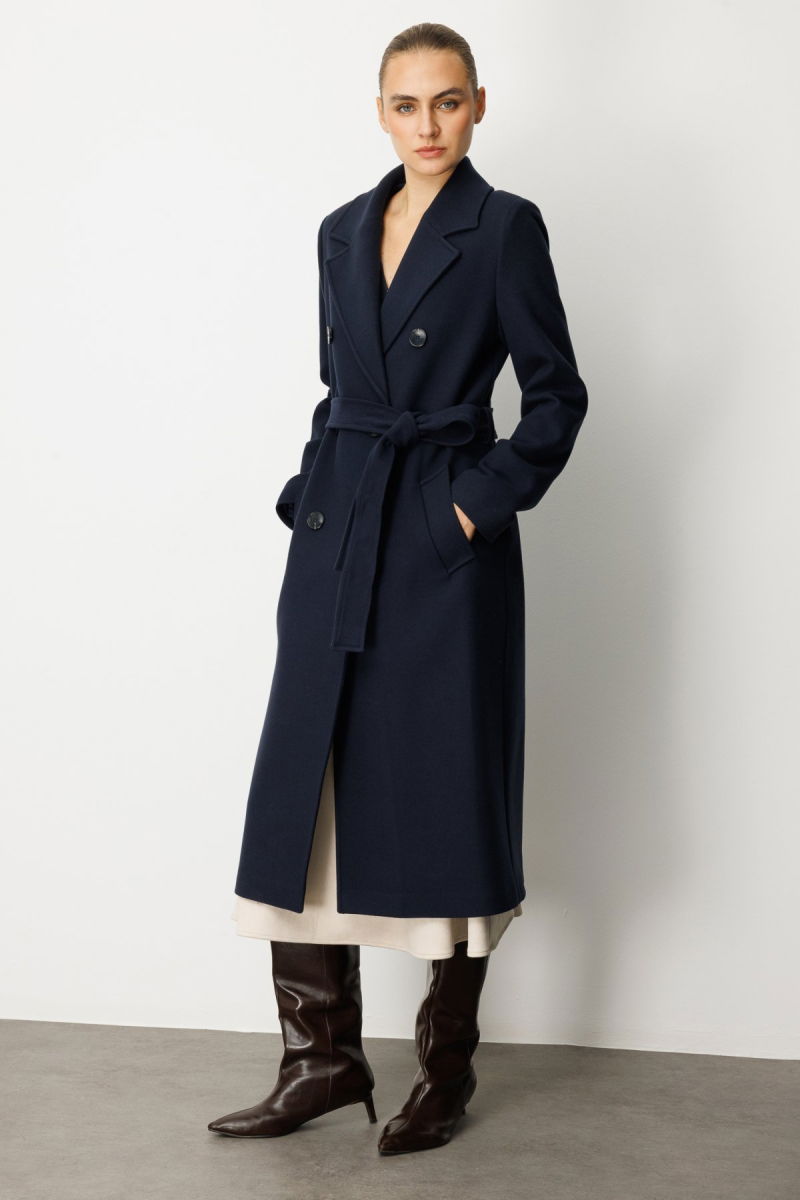 Ekol Kadın Beli Kuşaklı Kruvaze Yaka Kaban 6063 Lacivert - 2