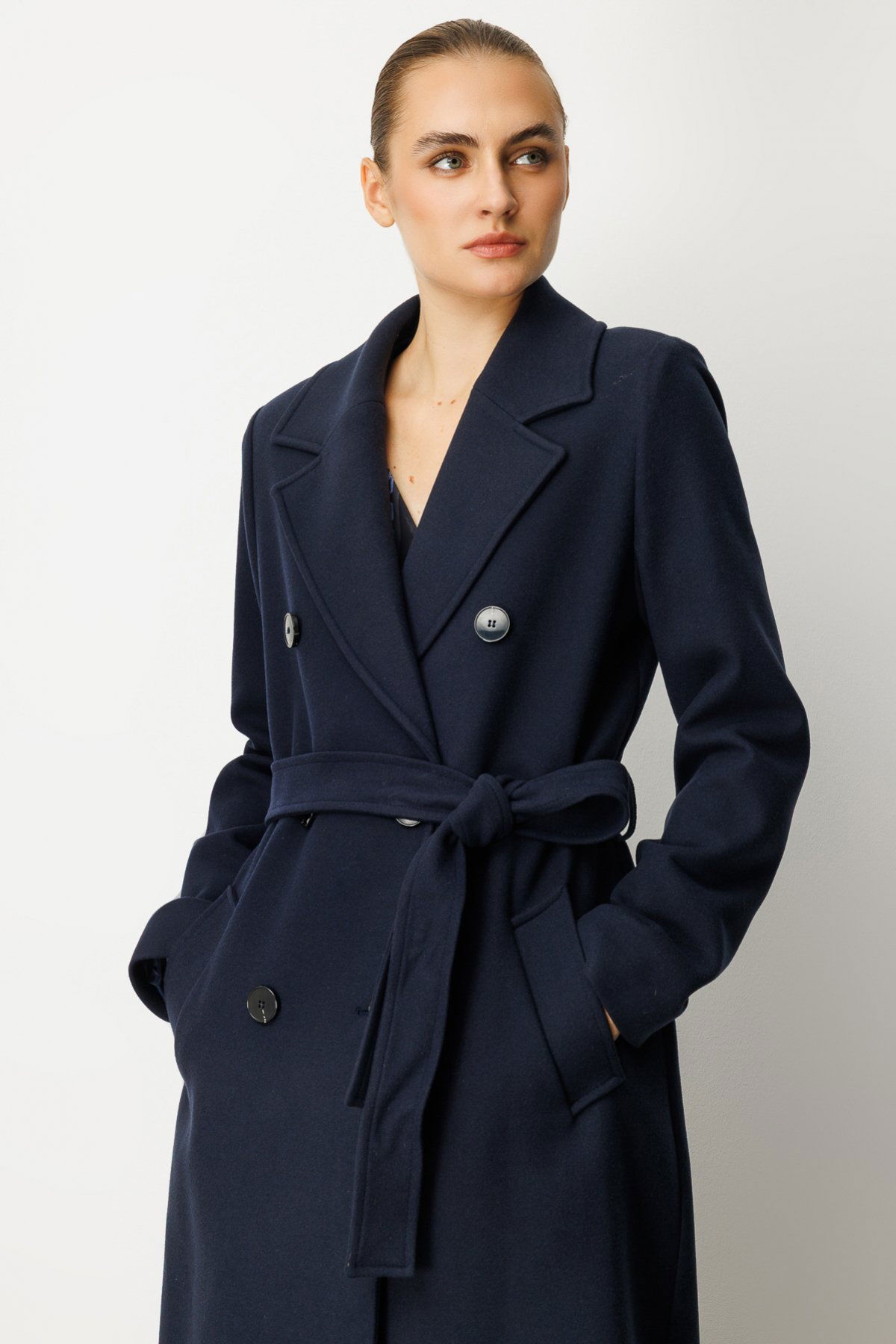 Ekol Kadın Beli Kuşaklı Kruvaze Yaka Kaban 6063 Lacivert - 3