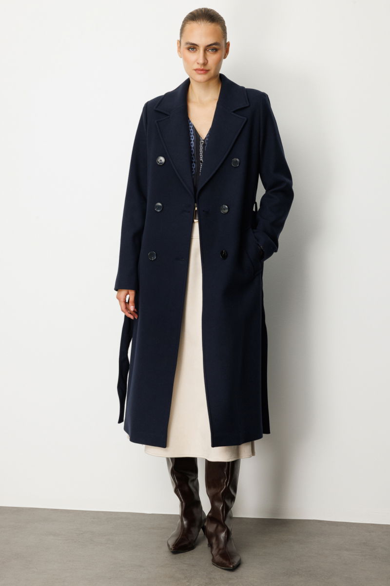 Ekol Kadın Beli Kuşaklı Kruvaze Yaka Kaban 6063 Lacivert - 4