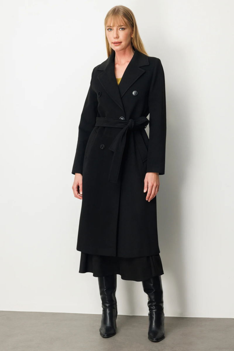 Ekol Kadın Beli Kuşaklı Kruvaze Yaka Kaban 6063 Siyah - Ekol