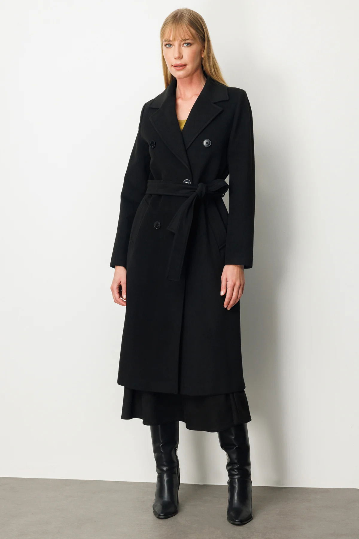 Ekol Kadın Beli Kuşaklı Kruvaze Yaka Kaban 6063 Siyah - 1