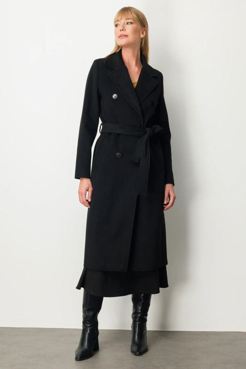 Ekol Kadın Beli Kuşaklı Kruvaze Yaka Kaban 6063 Siyah - 2