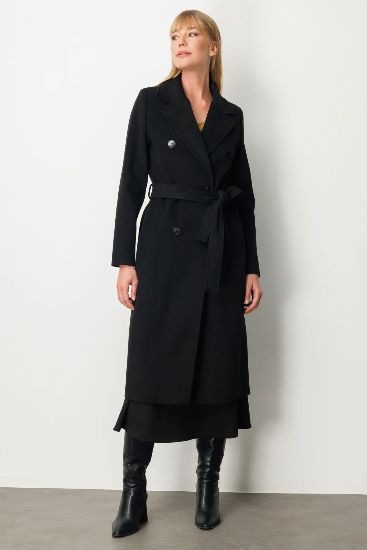 Ekol Kadın Beli Kuşaklı Kruvaze Yaka Kaban 6063 Siyah - 2