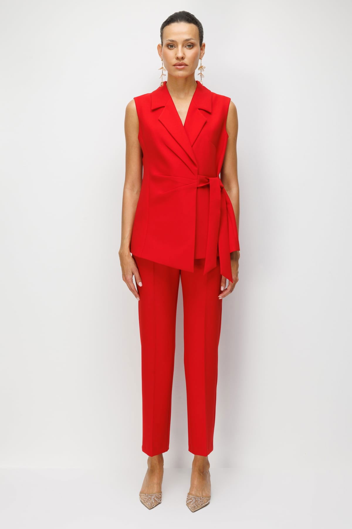 Ekol Kadın Beli Kuşaklı Kruvaze Yaka Yelek 1146 Kırmızı - 3