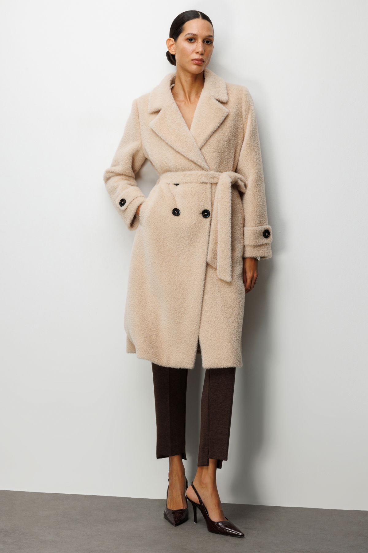 Ekol Kadın Beli Kuşaklı Peluş Kaban 6033 Kum - 1