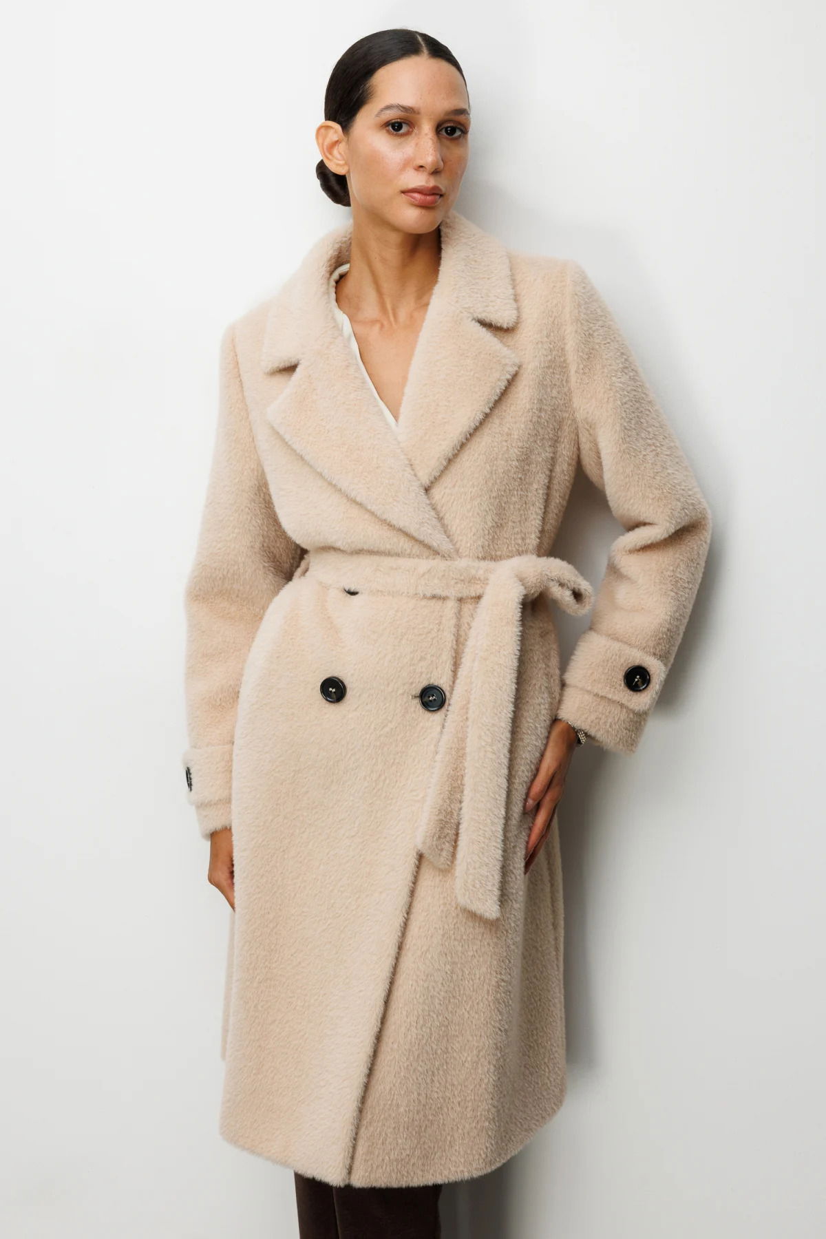 Ekol Kadın Beli Kuşaklı Peluş Kaban 6033 Kum - 2