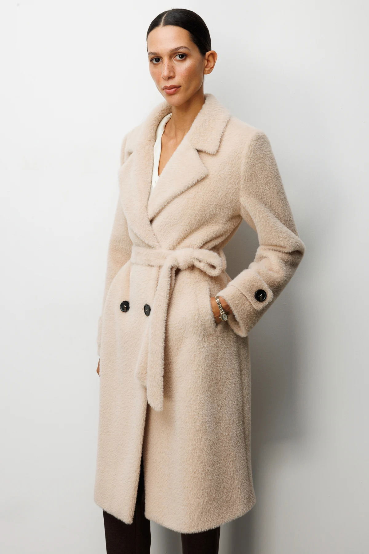 Ekol Kadın Beli Kuşaklı Peluş Kaban 6033 Kum - 3