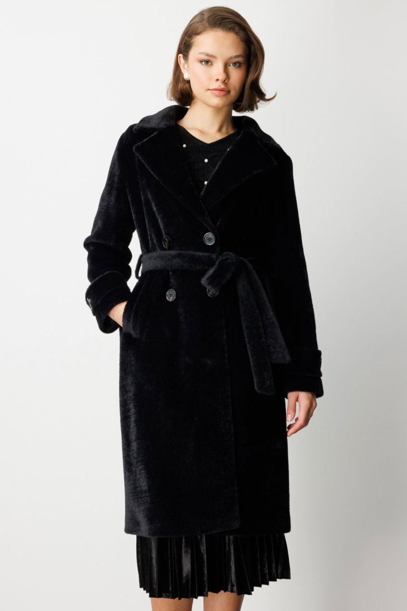 Ekol Kadın Beli Kuşaklı Peluş Kaban 6033 Siyah - 2